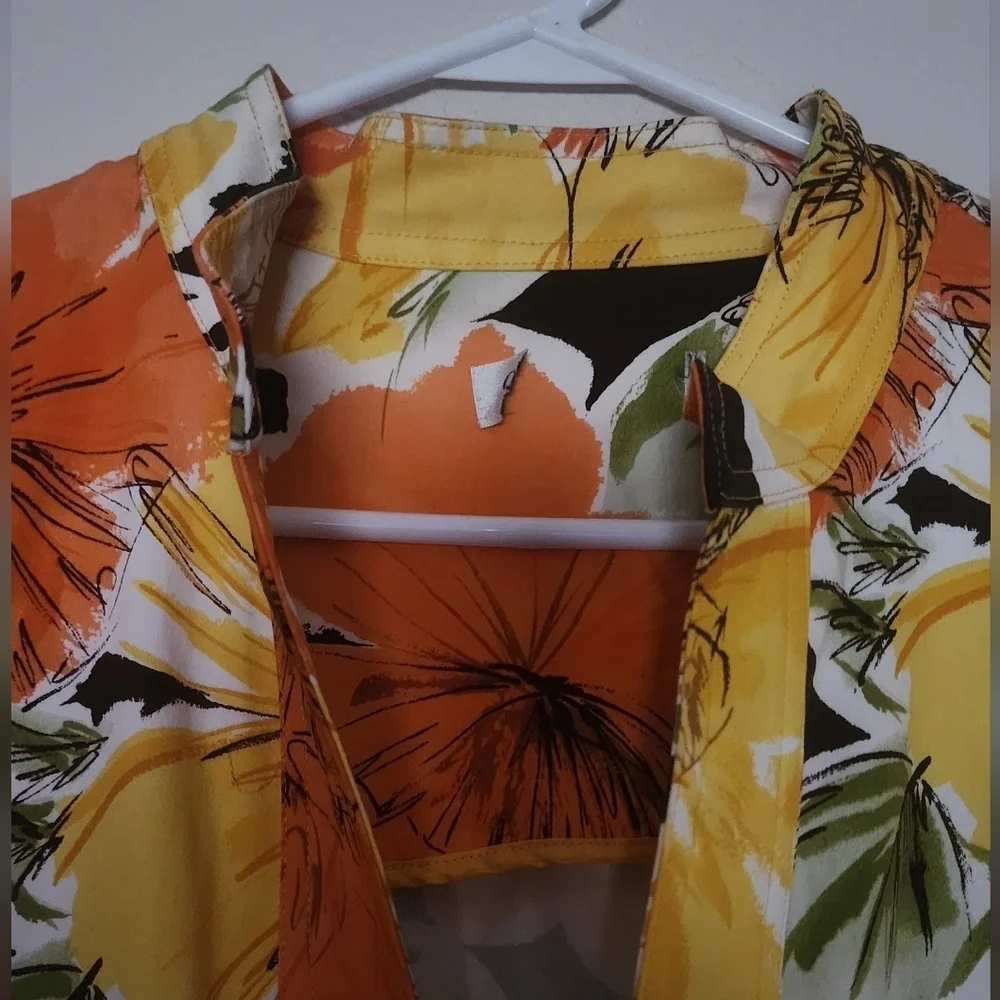 Coldwater Creek Orange Floral Pattern Open Front Lightweight Blazer Sz L